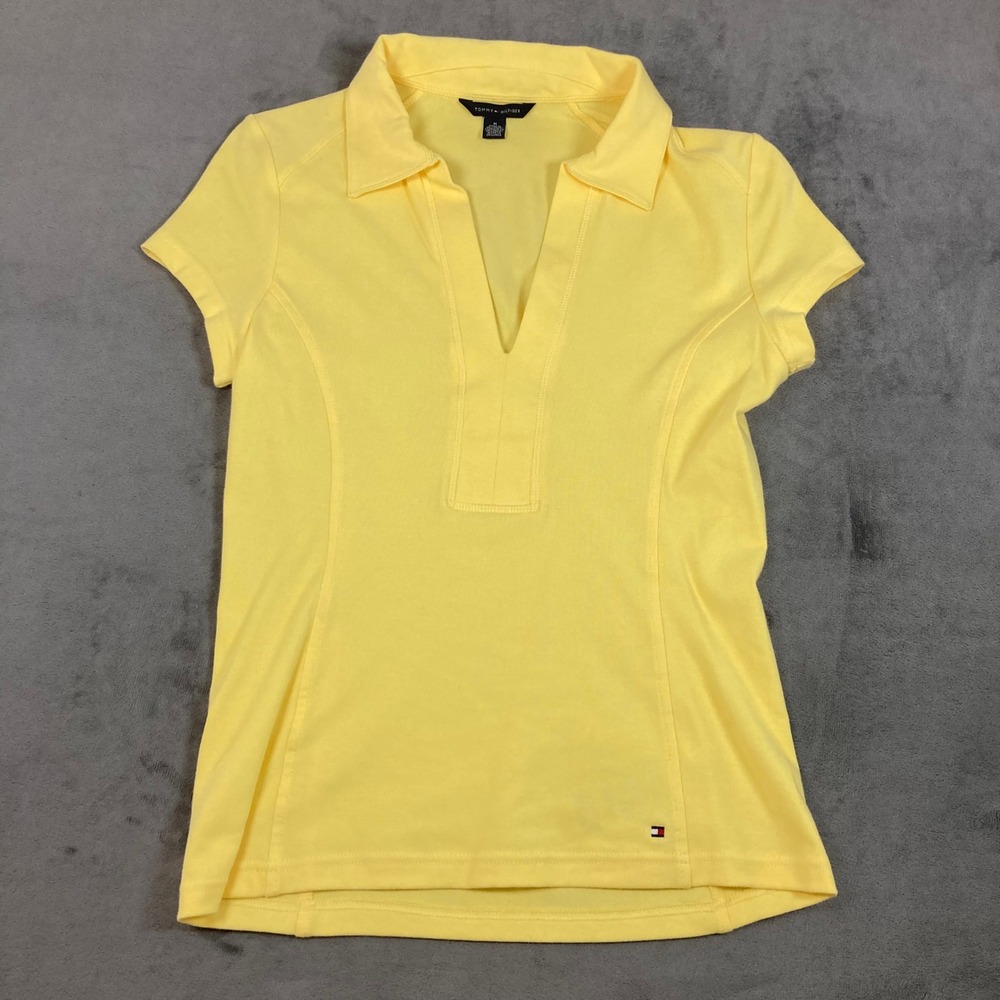 Tommy Hilfiger Womens Yellow V-Neck Short Sleeve Polo Shirt Stretch Size M